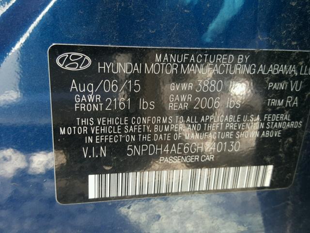 5NPDH4AE6GH740130 - 2016 HYUNDAI ELANTRA SE BLUE photo 10