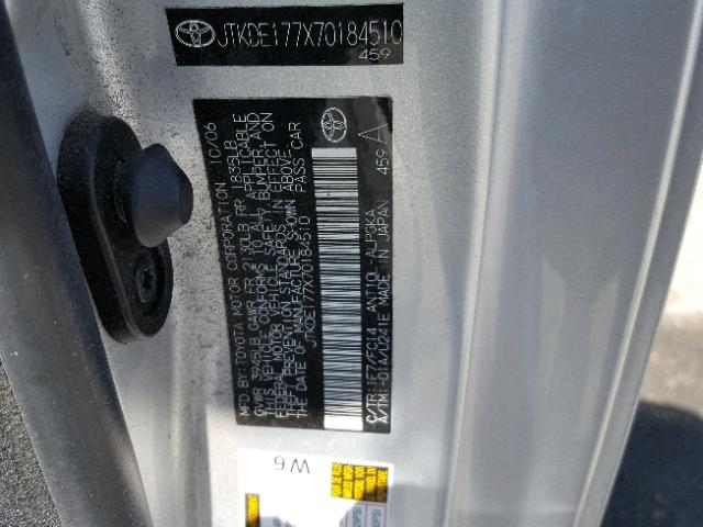 JTKDE177X70184510 - 2007 TOYOTA SCION TC 银色 照片 10