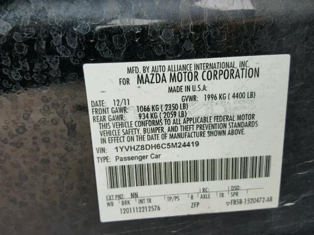 1YVHZ8DH6C5M24419 - 2012 MAZDA 6 BLACK photo 10