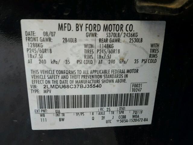 2LMDU68C37BJ35540 - 2007 LINCOLN MKX BLACK photo 10