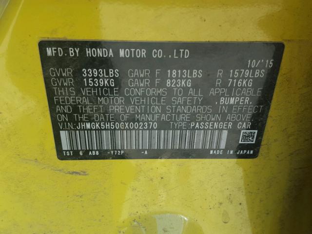 JHMGK5H50GX002370 - 2016 HONDA FIT LX YELLOW photo 10