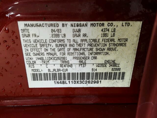 1N4BL11DX3C262981 - 2003 NISSAN ALTIMA RED photo 10