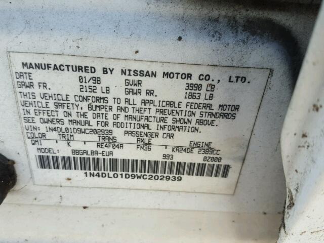 1N4DL01D9WC202939 - 1998 NISSAN ALTIMA XE WHITE photo 10