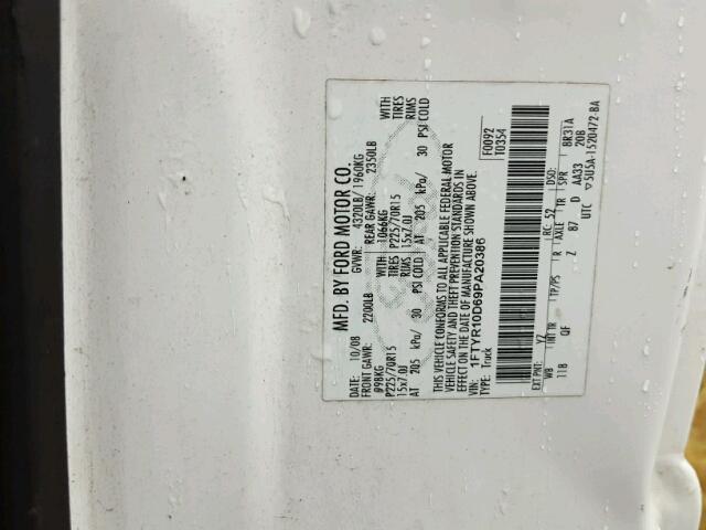 1FTYR10D69PA20386 - 2009 FORD RANGER WHITE photo 10