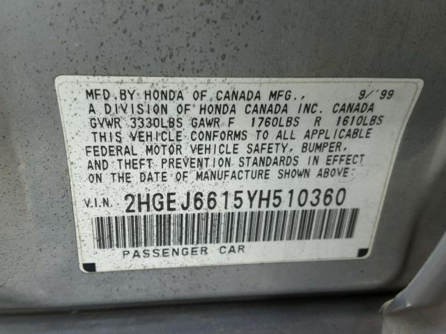 2HGEJ6615YH510360 - 2000 HONDA CIVIC BASE SILVER photo 10