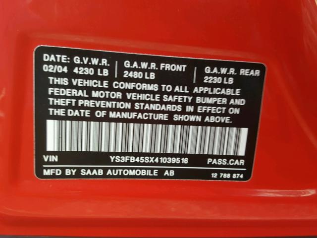 YS3FB45SX41039516 - 2004 SAAB 9-3 LINEAR RED photo 10