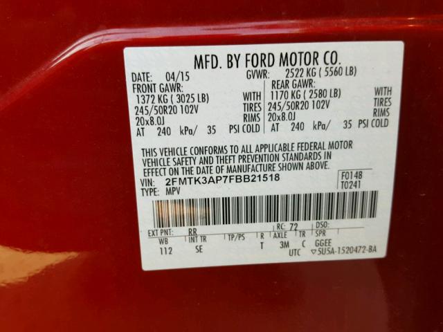 2FMTK3AP7FBB21518 - 2015 FORD EDGE Червоний фото 10