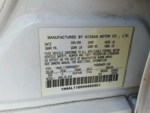 1N4AL11D95N492501 - 2005 NISSAN ALTIMA S WHITE photo 10