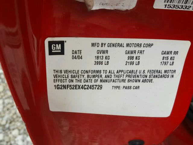 1G2NF52EX4C245729 - 2004 PONTIAC GRAND AM S RED photo 10