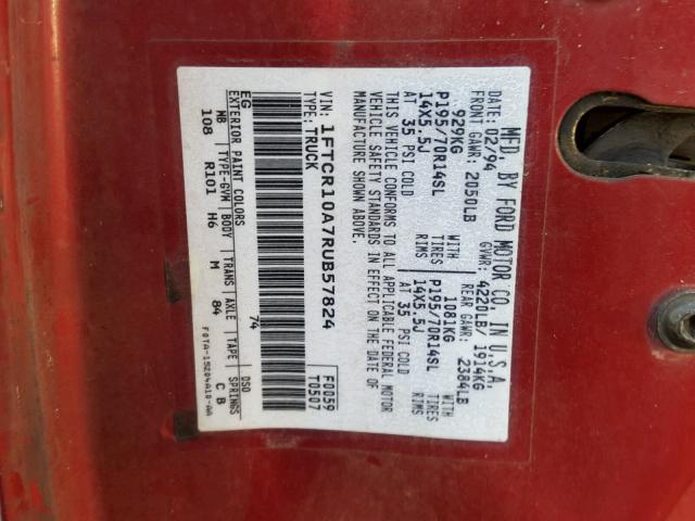 1FTCR10A7RUB57824 - 1994 FORD RANGER RED photo 10