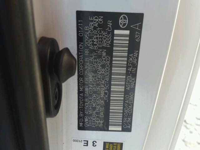 JTKJF5C74B3020402 - 2011 TOYOTA SCION TC 白色 照片 10