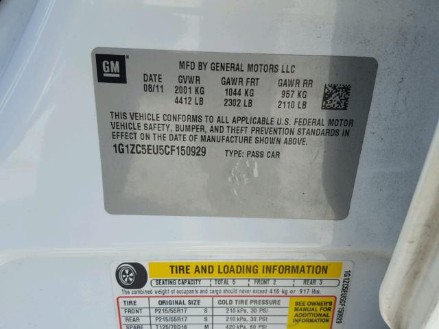 1G1ZC5EU5CF150929 - 2012 CHEVROLET MALIBU 1LT WHITE photo 10