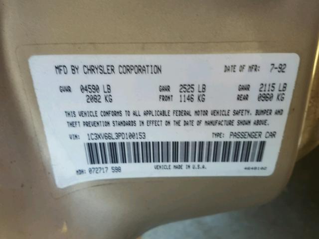 1C3XV66L3PD100153 - 1993 CHRYSLER NEW YORKER 金色 照片 10