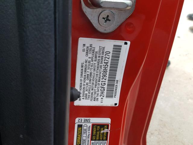2HGFG12908H547270 - 2008 HONDA CIVIC EXL 红色 照片 10