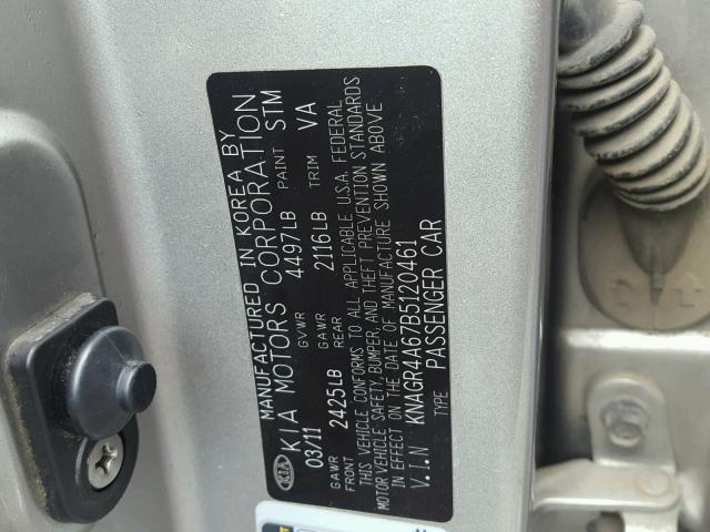 KNAGR4A67B5120461 - 2011 KIA OPTIMA SX SILVER photo 10