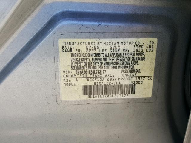 3N1AB61E88L743177 - 2008 NISSAN SENTRA 2.0 GRAY photo 10