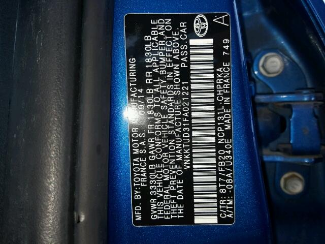 VNKKTUD31FA021221 - 2015 TOYOTA YARIS BLUE photo 10