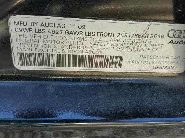 WAUFFAFL8AN031658 - 2010 AUDI A4 BLACK photo 10