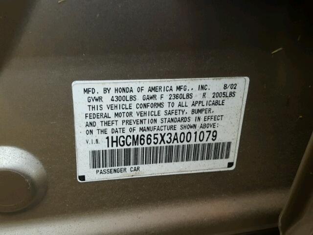 1HGCM665X3A001079 - 2003 HONDA ACCORD EX GRAY photo 10