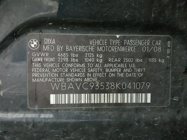 WBAVC93538K041079 - 2008 BMW 328 BLACK photo 10