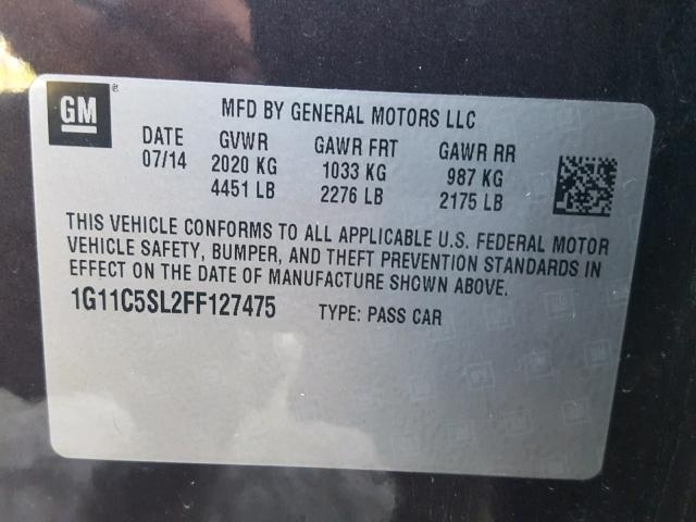 1G11C5SL2FF127475 - 2015 CHEVROLET MALIBU 1LT გრაფიტი ფოტო 10