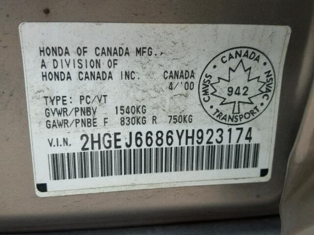 2HGEJ6686YH923174 - 2000 HONDA CIVIC EX BEIGE photo 10