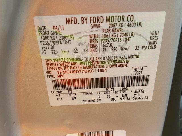 1FMCU9D77BKC11681 - 2011 FORD ESCAPE SILVER photo 10