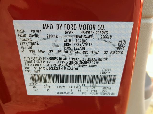 1FMCU93Z38KB42404 - 2008 FORD ESCAPE XLT RED photo 10