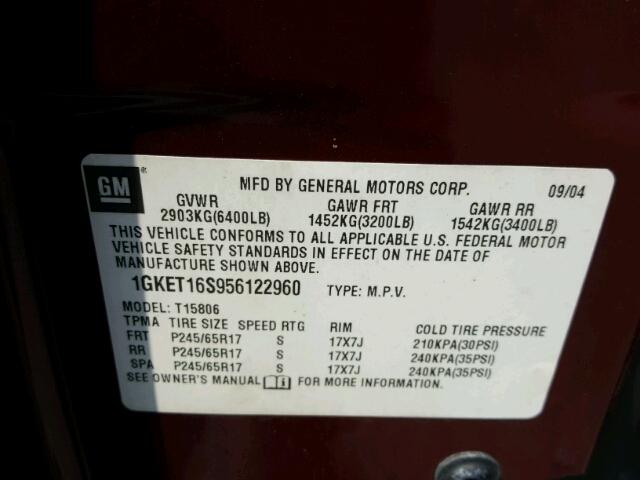 1GKET16S956122960 - 2005 GMC ENVOY XL BURGUNDY photo 10