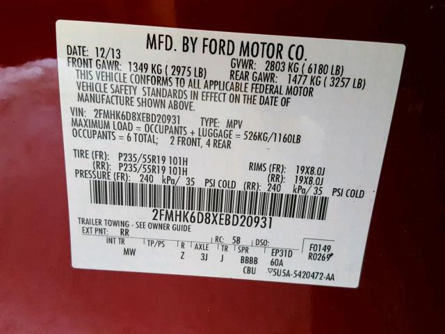 2FMHK6D8XEBD20931 - 2014 FORD FLEX LIMIT MAROON photo 10