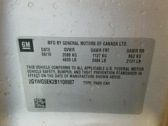 2G1WG5EK2B1108987 - 2011 CHEVROLET IMPALA SILVER photo 10