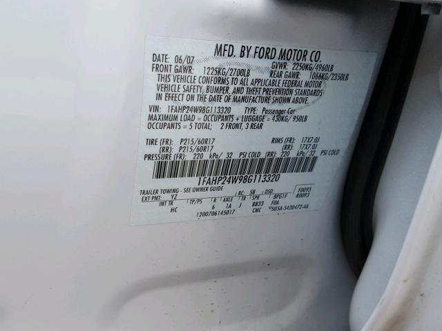 1FAHP24W98G113320 - 2008 FORD TAURUS SEL WHITE photo 10