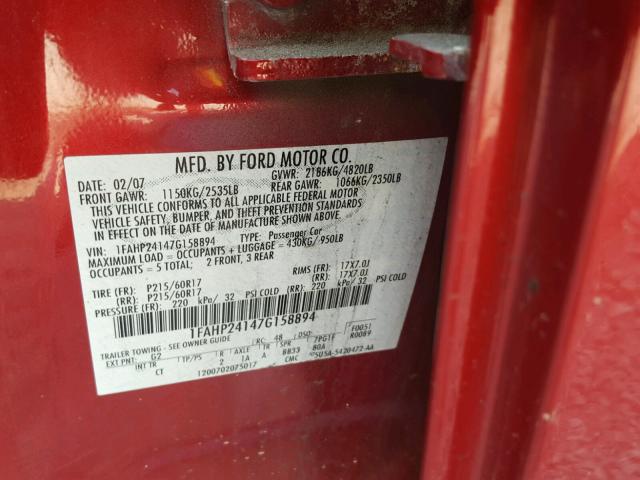 1FAHP24147G158894 - 2007 FORD FIVE HUNDR RED photo 10