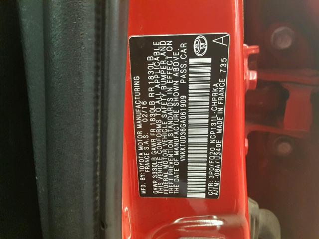 VNKKTUD36GA061909 - 2016 TOYOTA YARIS L RED photo 10