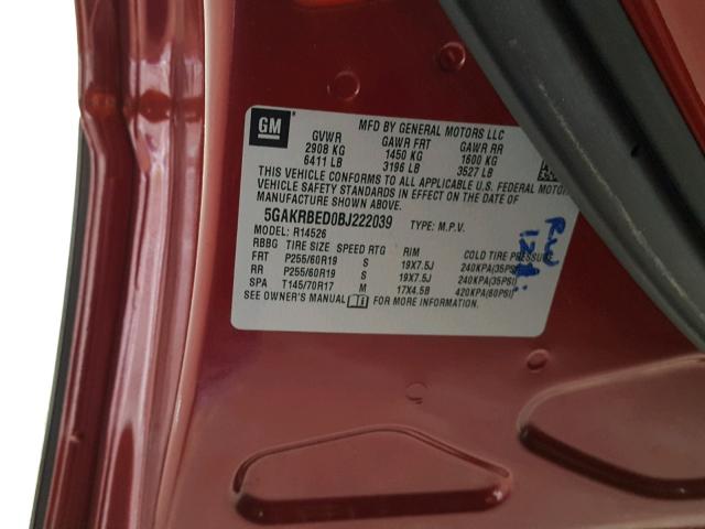 5GAKRBED0BJ222039 - 2011 BUICK ENCLAVE CX RED photo 10