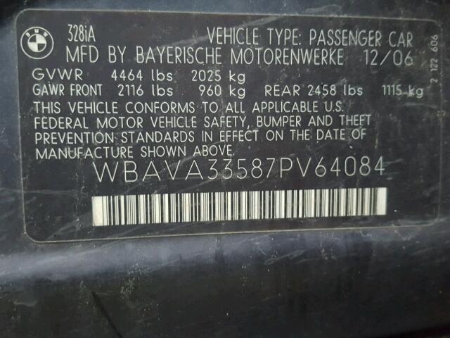 WBAVA33587PV64084 - 2007 BMW 328 I GRAY photo 10