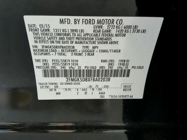 2FMGK5D8XFBA02038 - 2015 FORD FLEX LIMIT BLACK photo 10