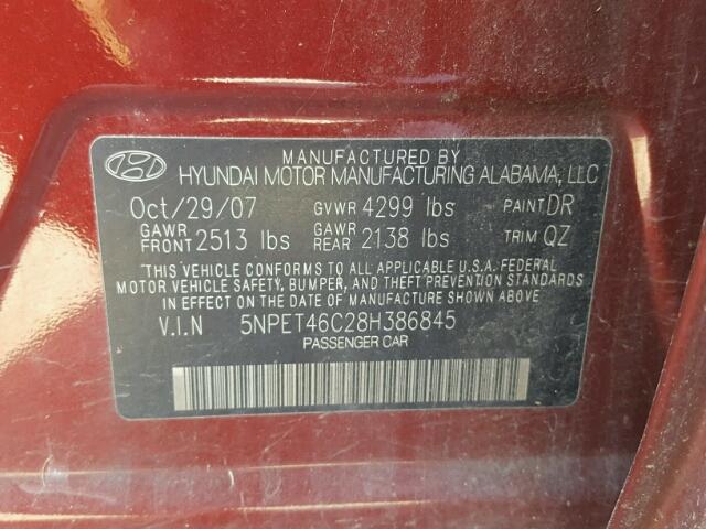 5NPET46C28H386845 - 2008 HYUNDAI SONATA GLS MAROON photo 10