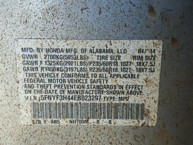 5FNYF3H44EB023297 - 2014 HONDA PILOT EX SILVER photo 10