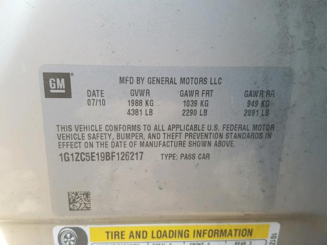 1G1ZC5E19BF126217 - 2011 CHEVROLET MALIBU 1LT BEIGE photo 10