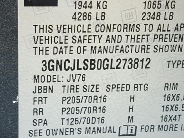 3GNCJLSB0GL273812 - 2016 CHEVROLET TRAX CHARCOAL photo 10