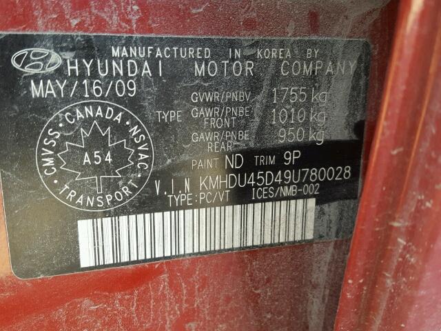 KMHDU45D49U780028 - 2009 HYUNDAI ELANTRA RED photo 10