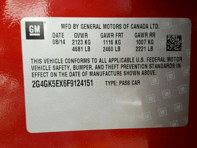 2G4GK5EX6F9124151 - 2015 BUICK REGAL RED photo 10