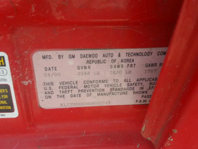 KL1TD56696B682049 - 2006 CHEVROLET AVEO BASE Қызыл фото 10