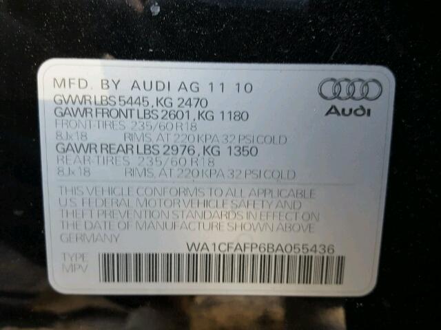 WA1CFAFP6BA055436 - 2011 AUDI Q5 PREMIUM BLACK photo 10