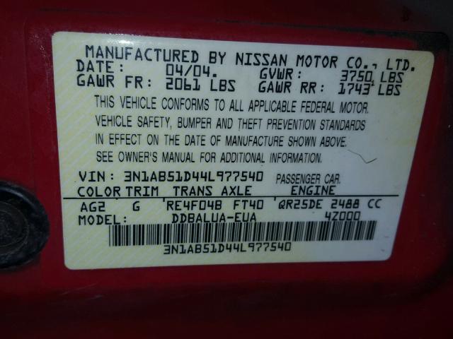 3N1AB51D44L977540 - 2004 NISSAN SENTRA SE- RED photo 10