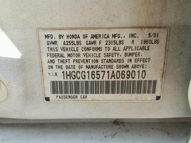 1HGCG16571A069010 - 2001 HONDA ACCORD WHITE photo 10