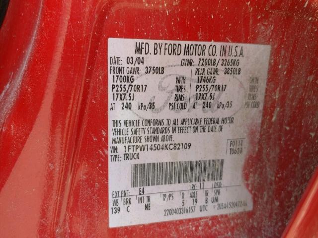 1FTPW14504KC82109 - 2004 FORD F150 RED photo 10
