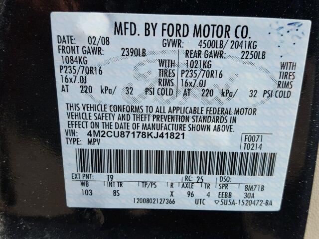 4M2CU87178KJ41821 - 2008 MERCURY MARINER PR GRAY photo 10