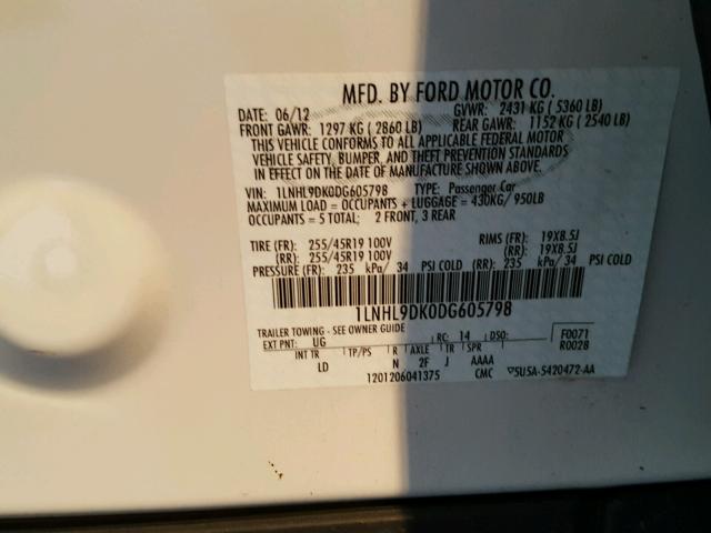 1LNHL9DK0DG605798 - 2013 LINCOLN MKS WHITE photo 10